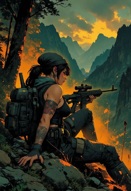 In the style of ff-td, nistyle, Silhouette Art, magnificent, crisp lines, closeup portrait of stunning mercenary, jungle, tropical, mountain top, overlooking a huge valley, beautiful girl, breasts, curvy, looking down scope, looking away from viewer, laying on the ground, laying ontop of jacket, aiming a sniper rifle, dark braided hair, backwards hat, armor, sleeveless, cutoff tanktop, holes ripped in pants, arm sleeve tattoos, muscle tone, dogtags, sweaty, foreshortening, depth of field, at night, night, tropical,
Closeup, detailed face, freckles,