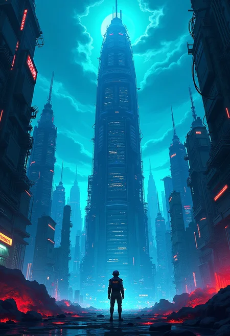 a digital anime illustration depicting a futuristic cityscape in a vibrant, neon-lit style. The central focus is a towering skyscraper with a sleek, modern design, illuminated in a deep blue hue. The building is surrounded by numerous other high-rise structures, all covered in a dense network of wires, pipes, and illuminated panels, creating a chaotic, industrial aesthetic. The sky above is filled with swirling, ethereal clouds, illuminated in a gradient of blues and greens, adding to the surreal, dreamlike quality of the scene. In the foreground, a lone figure stands at the base of the skyscraper, dressed in a dark, form-fitting suit with a helmet, suggesting a futuristic military or security personnel. The figure is small in comparison to the towering buildings, emphasizing the vastness of the urban environment. The ground beneath the figure is a mix of dark, metallic surfaces and glowing, red-hued debris, contributing to the intense, almost dystopian atmosphere. The overall color palette is dominated by cool blues, greens, and reds, with bright, glowing elements scattered throughout, creating a stark contrast against the dark, industrial textures. The artwork is highly detailed and rich in texture, with a style reminiscent of cyberpunk and science fiction illustrations.