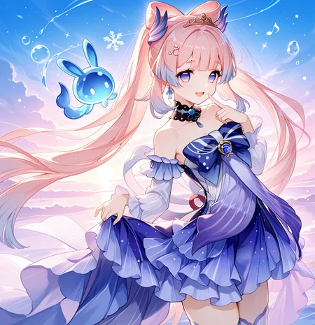 general, masterpiece, best quality, amazing quality, very aesthetic, absurdres, newest,eyesHD, high gradient eyes, detailed eyes, high definition eyes, 1girl, Sangonomiya_Kokomi_Kokomi, very long hair, hair ornament, pink hair, multicolored hair, gradient hair, blunt bangs, bow-shaped hair, purple eyes, vision(genshin impact), sidelocks, blue horns, skirt hold, blue hair, detached sleeves, musical note, tiara, open mouth, thighhighs, jewelry, dress, looking at viewer, collarbone, hair ornament, beamed eighth notes, index finger raised, floating hair, striped sleeves, white sleeves, eighth note, detached collar, :d, skirt, rabbit, frills, layered dress, strapless, earrings, long sleeves, musical note hair ornament, strapless dress, standing, cowboy shot, bare shoulders, snowflakes, finger to mouth, blue dress, diadem, snowflake print, frilled dress, puffy sleeves, snowflake hair ornament, juliet sleeves, layered skirt, animal, blue skirt, 1other, princess, small breasts, amulet, center frills, outdoors, snowing