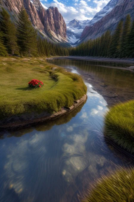masterpiece, best quality, ultra-detailed, realistic, 8k, pine tree, flowers fields, many kinds of flowers, a couple of rabbits on very distant, lakes, meadows, grass, glitter on top, daytime, sunlight, cloudy, some birds fly in the sky over long distances, out-of-this-world scenery, lifelike, naturalism, greatest naturalism photo, immaculate detailed realism photography, rich colors, best colors perfect composition, perfect colors, colorful, clear photo, intrigue nature panorama, delicate nature photo, immaculate micro-details nature elements, (out-of-this-world scenery:1.23), beautiful landscape, beautiful flowers, crystal fantastic, breathtaking beautiful nature,  unmatched beauty nature, more nature elements, rich nature elements, (emphasize a big glasses reflects the natural scenery in great detail:1.37), a big glasses on above the rock, (viewing scenery from a big glasses, a bunch of small red roses are scattered around the big glasses, perfect scenery views from the big glasses, perfect dynamic angles for viewing the scenery from the big glasses:1.37), (pikachu is seen flying on a witch's broomstick:1.37), aesthetic, artistic style, surreal, insanely lifelike, top best naturalism photography, greatest detailed, intricate nature details background, depth of field, no human, detailerlora,
