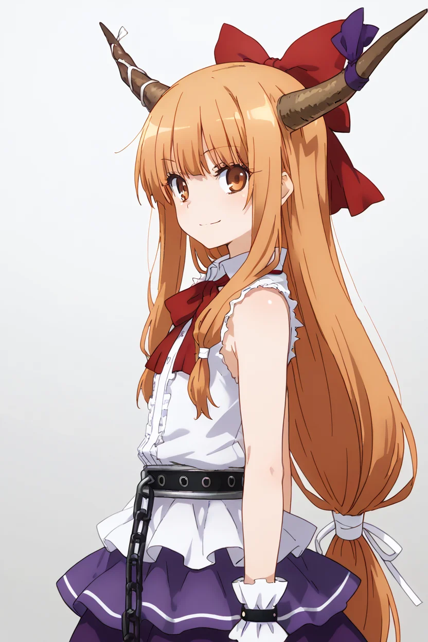masterpiece, best quality, 1girl, solo, 21 year old model, eyelashes, (beautiful eyes), ,,, <lora:IbukiSuikaTouhouIXL:1.0>, zzSuika, brown eyes, hair bow, horns, long hair, low-tied long hair, oni horns, orange hair, very long hair, horn ribbon, sleeveless shirt, wrist cuffs, bow, ribbon, horn ornament, sleeveless, chain, skirt, shirt, upper body, side view, smile, looking at viewer, shiny skin,<lora:PrismaIllyaIXL_v2:1.0>,
