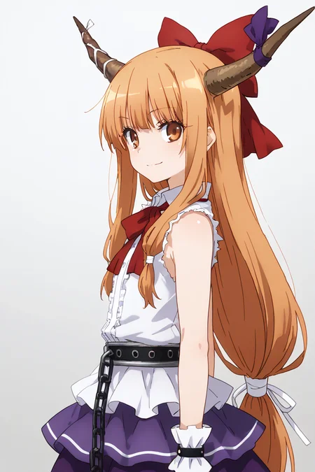 masterpiece, best quality, 1girl, solo, 21 year old model, eyelashes, (beautiful eyes), ,,, <lora:IbukiSuikaTouhouIXL:1.0>, zzSuika, brown eyes, hair bow, horns, long hair, low-tied long hair, oni horns, orange hair, very long hair, horn ribbon, sleeveless shirt, wrist cuffs, bow, ribbon, horn ornament, sleeveless, chain, skirt, shirt, upper body, side view, smile, looking at viewer, shiny skin,<lora:PrismaIllyaIXL_v2:1.0>,