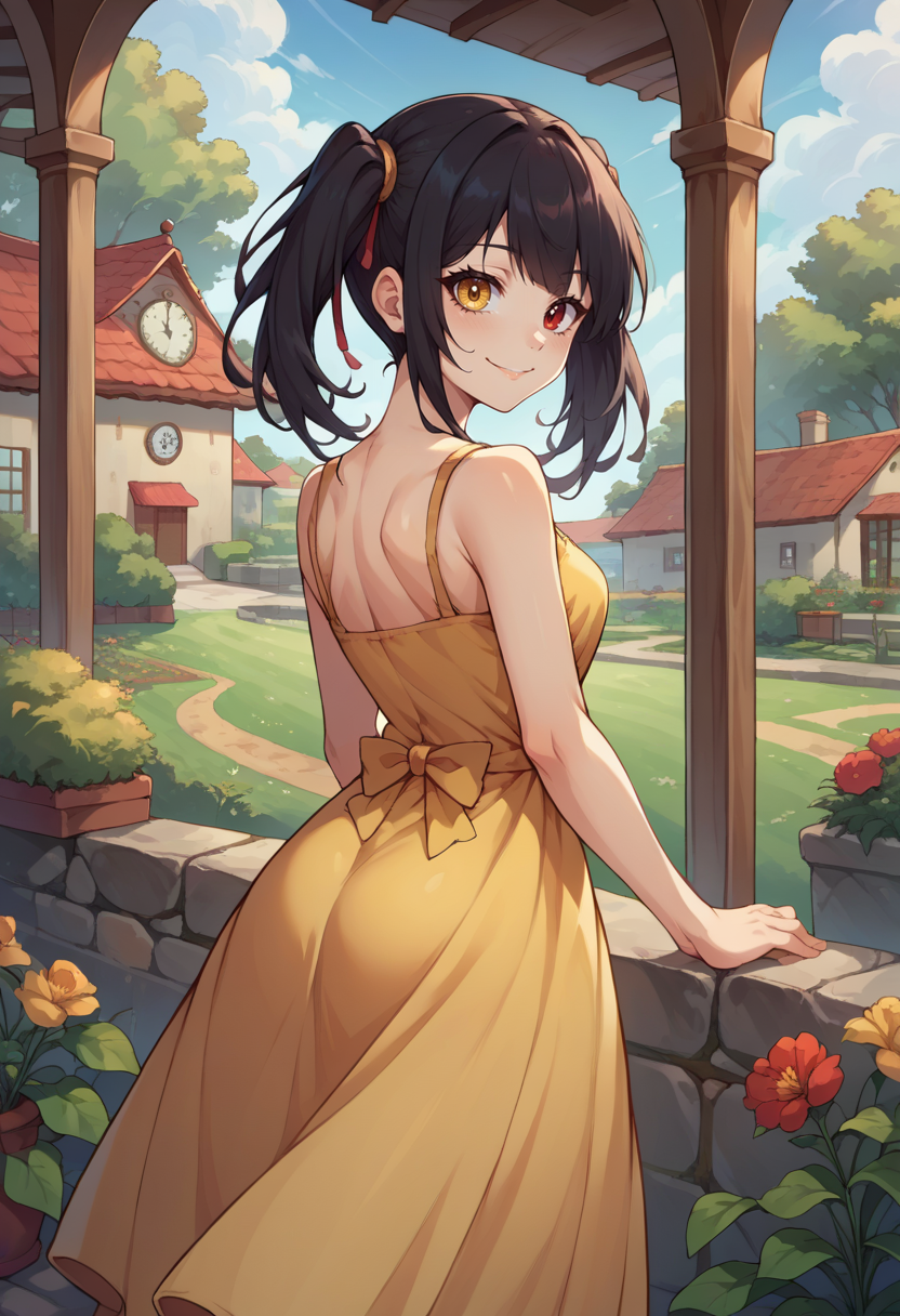 score_9, score_8_up, score_7_up, source_anime, TokisakiKurumi, black hair, twintails, heterochromia, red eye, yellow eye, clock eyes, from behind, yellow sundress, garden, day, sunshine, smile, looking back, <lora:CHAR-TokisakiKurumiPonyXL:1>