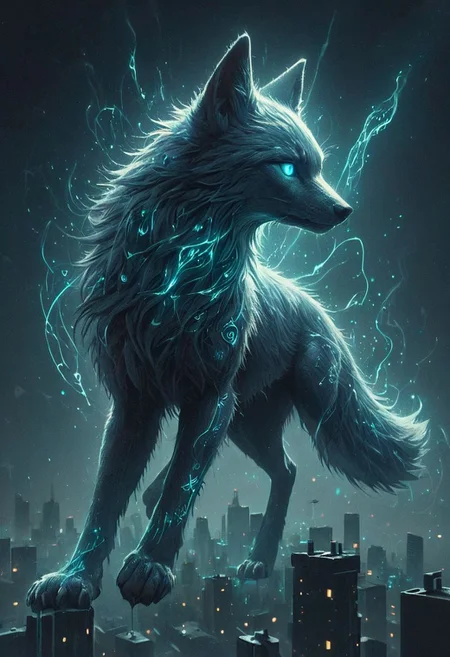 Big enormous giant flying cosmic spectral turquoise fox, transparent, see trough, flying like an comet in the sky, light rays, mystical, glowing eyes, flying high above city, emiting light
