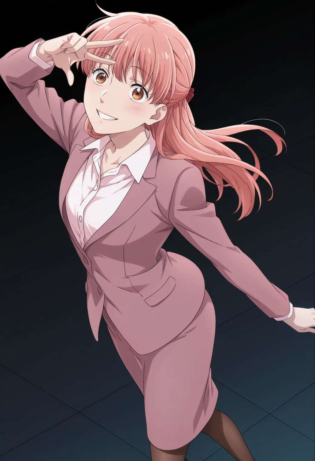 anime screencap, anime coloring, 1girl, solo,  <lora:DX888Narumi:1> momose narumi, brown eyes, pink hair, long hair
half updo, hair bow,  office lady, suit, skirt suit, pantyhose, BREAK black background, mosaic background,  (simple background:1.2) BREAK  (dynamic pose:1.2),  from above, v over eye, crazy grin, blush,