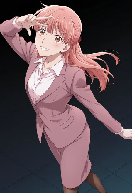 anime screencap, anime coloring, 1girl, solo, <lora:DX888Narumi:1> momose narumi, brown eyes, pink hair, long hair
half updo, hair bow, office lady, suit, skirt suit, pantyhose, BREAK black background, mosaic background, (simple background:1.2) BREAK (dynamic pose:1.2), from above, v over eye, crazy grin, blush,