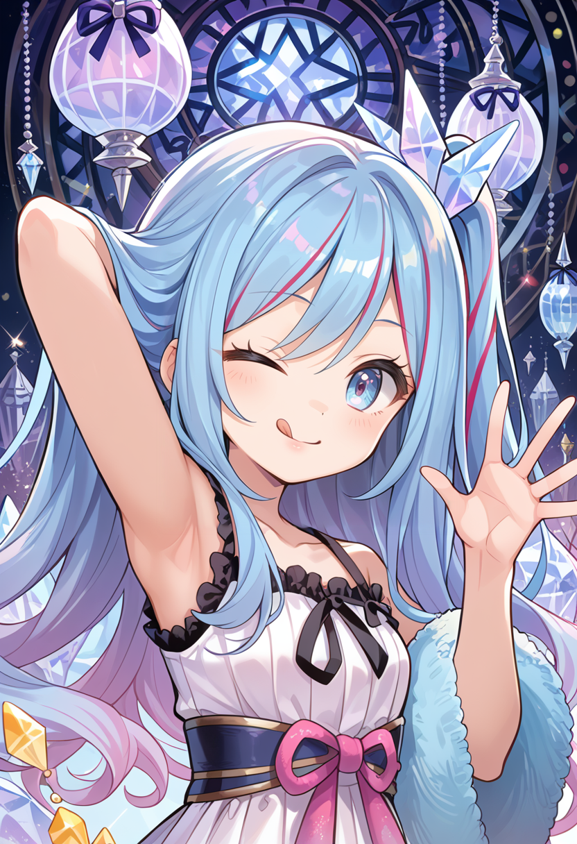 (score_9:0.9),score_8_up,score_7_up,rating_safe,anime style,(zPDXL),(zPDXL3),
<lora:Witchcrafter Madame Verre ponyXL v1:0.7>,witchcrafter madame verre,1girl,one eye closed,tongue out,solo,looking at viewer,smile,arm behind head,> o,waving,;q,one side up,open hand,upper body,portrait,crystal hair ornament,white sleeveless dress,official art,crystal lamp