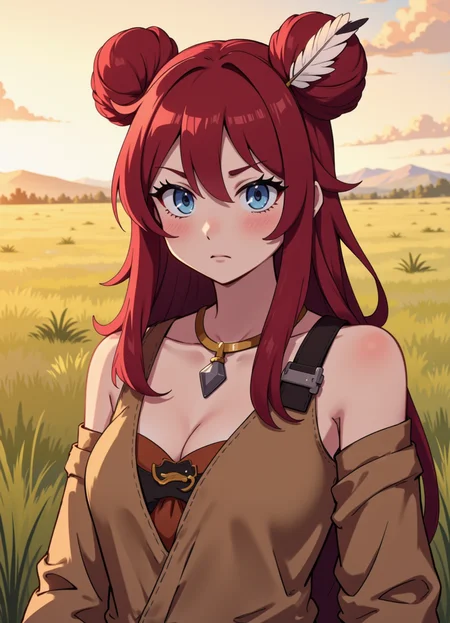 Flat colour anime style image showing upper body and headshot of a native american adult woman with two short red buns tied up with ribbon and with white feathers poking out, long bangs that frame her face and come down to her shoulders, and long red flowing hair at the back. She has blue eyes, and is wearing traditional loose robes with long sleeves, and an exposed midriff, with a silver pendant. She has her head slightly cocked to one side, and has an annoyed quizzical look on her face. She has bare arms with a black strap around one arm. viewed slightly from the side. in the background is a grassy field at golden hour
