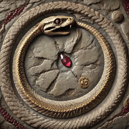 emerald green and gold snake, Ouroboros, DonMF0551l5XL, 8k, high resolution, fine quality, high quality, very detailed, photo realistic, snake eating its own tail, snake with its tail in its mouth, solo snake, detailxl, snake has a ruby as an eye.