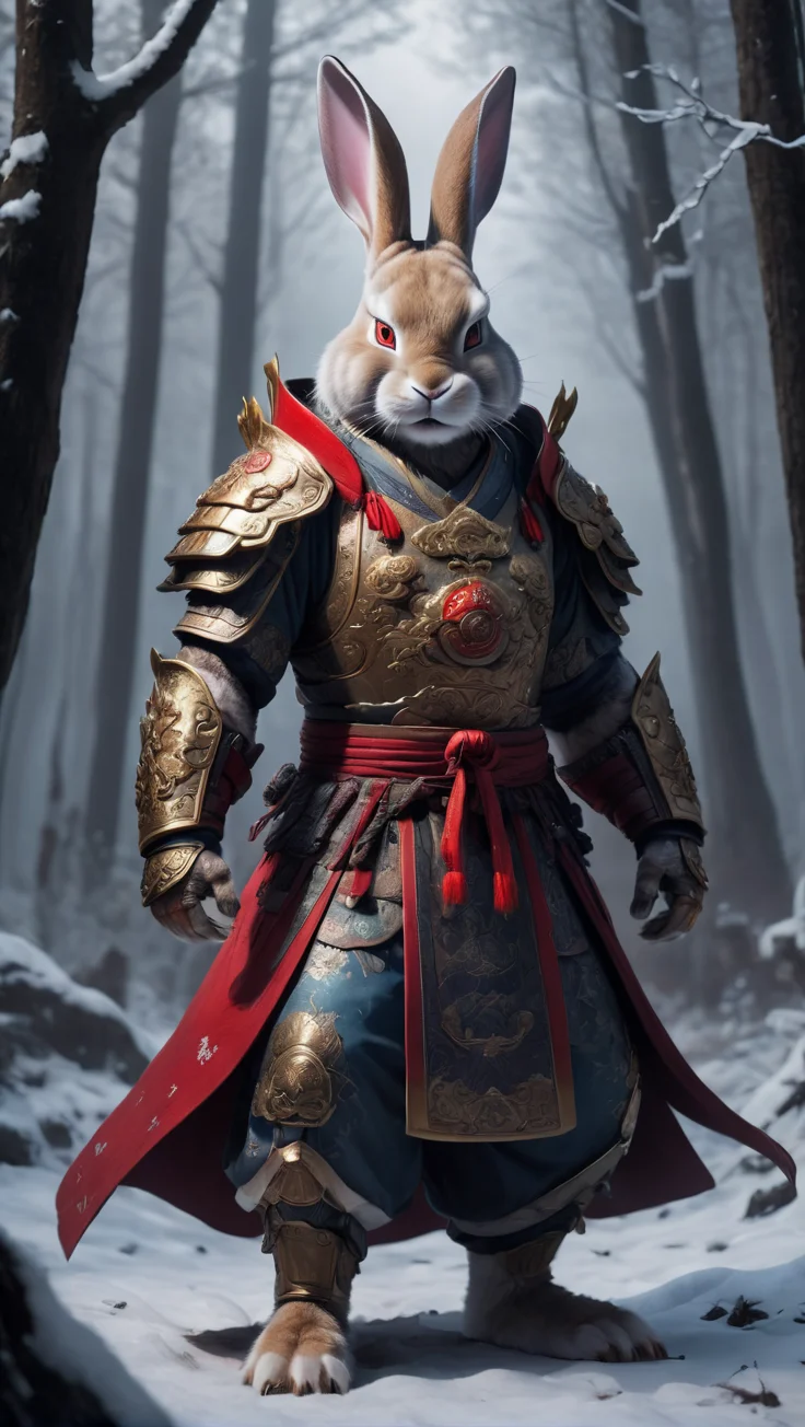 XCYP,<lora:é²å䏿´¾@ä¸å½ç¥å
½XL:0.8>,The beast of Chinese mythology, the mighty and strong anthropomorphic rabbit king dressed in gorgeous hanfu and armor, gluttonous heavy armor and red cloak, with a glowing red magic array behind him, standing in the dark forest with weapons in hand, snow, rich in detail, realistic, rich in detail, 32K UHD, super high resolution, best quality, masterpiece,