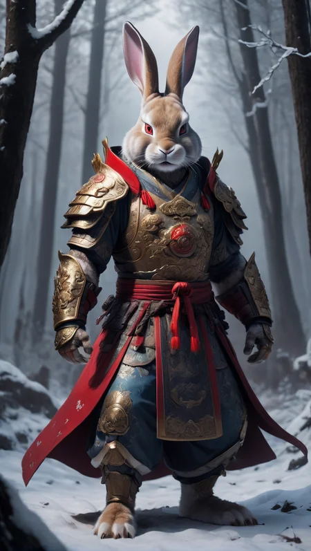 XCYP,<lora:é²å䏿´¾@ä¸å½ç¥å
½XL:0.8>,The beast of Chinese mythology, the mighty and strong anthropomorphic rabbit king dressed in gorgeous hanfu and armor, gluttonous heavy armor and red cloak, with a glowing red magic array behind him, standing in the dark forest with weapons in hand, snow, rich in detail, realistic, rich in detail, 32K UHD, super high resolution, best quality, masterpiece,