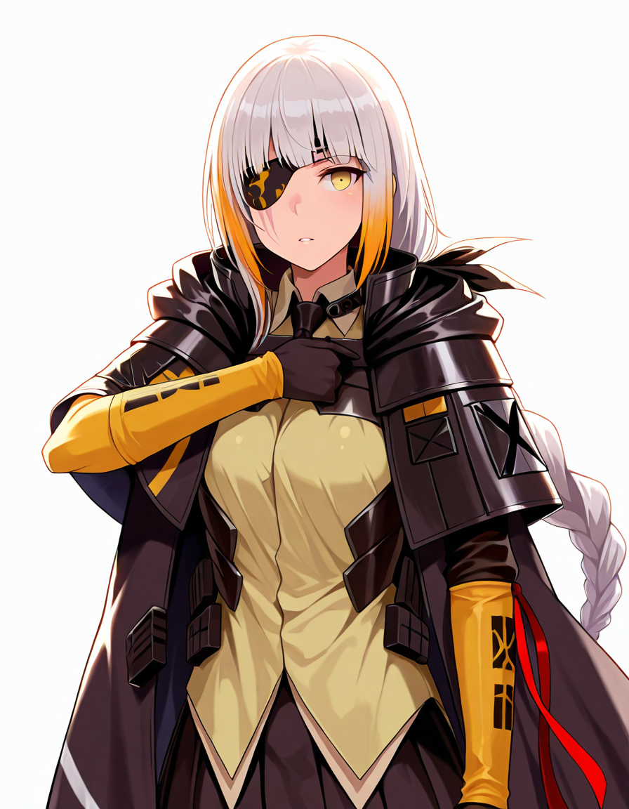 Volumetric Lighting, (masterpiece), (best quality), (ultra-detailed), masterpiece, source_anime, score_9, score_8_up, score_7_up BREAK, illustration, disheveled hair, detailed eyes, perfect composition, moist skin, intricate details, detailed eyes, detailed face, detailed fingers BREAK, M16A1, yellow eyes, white hair,streaked hair, blonde hair, very long braid, single braid, scar across eye BREAK, m16boss, boss_eyepatch, boss_shirt, boss_coat, boss_capelet, boss_yellow_sleeves, boss_black_arm_ribbon, boss_thigh_holster, def_single_cropped_pantyhose, boss_gloves, boss_skirt, boss_necktie, boss_red_arm_ribbon, BREAK, (((white background))), looking at viewer, upper body, thigh