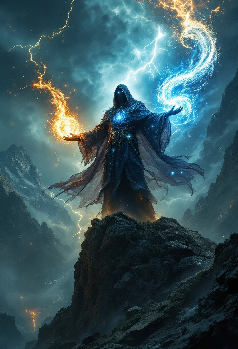 Cinematic realistic of Under a tempestuous sky torn by lightning, close up of an ancient sorcerer stands atop a jagged cliff, his silhouette framed against roiling storm clouds. Clad in robes woven from starlight and shadow, they ripple and flow as if alive, reflecting the cosmic energies he commands. His eyes glow with intense, ethereal light, mirroring arcane symbols that orbit around.
In his outstretched hands, he wields raw elemental forces: fire spirals from his left, a roaring inferno twisting upward; from his right, torrents of water cascade, forming serpentine streams that defy gravity. Around his feet, the earth rises in jagged shards, while above him, winds swirl into a vortex, tearing at the very fabric of reality.
The landscape below is a vast expanse of crumbling ruins and ancient forests, illuminated intermittently by flashes of lightning that cast stark shadows. In the distance, towering mountains loom, their peaks lost in the storm. Ethereal spirits of air, fire, water, and earth—emerge from the elements, their forms both beautiful and terrifying.
The scene is awash in deep blues, fiery oranges, and vivid greens, each color highlighting the different elements at play. Sharp contrasts between light and dark emphasize the sorcerer’s dominance over nature’s forces. The composition balances the chaotic energy of the elements with the poised control of the sorcerer, creating a visually stunning tableau that captures the awe-inspiring power of magic unleashed.