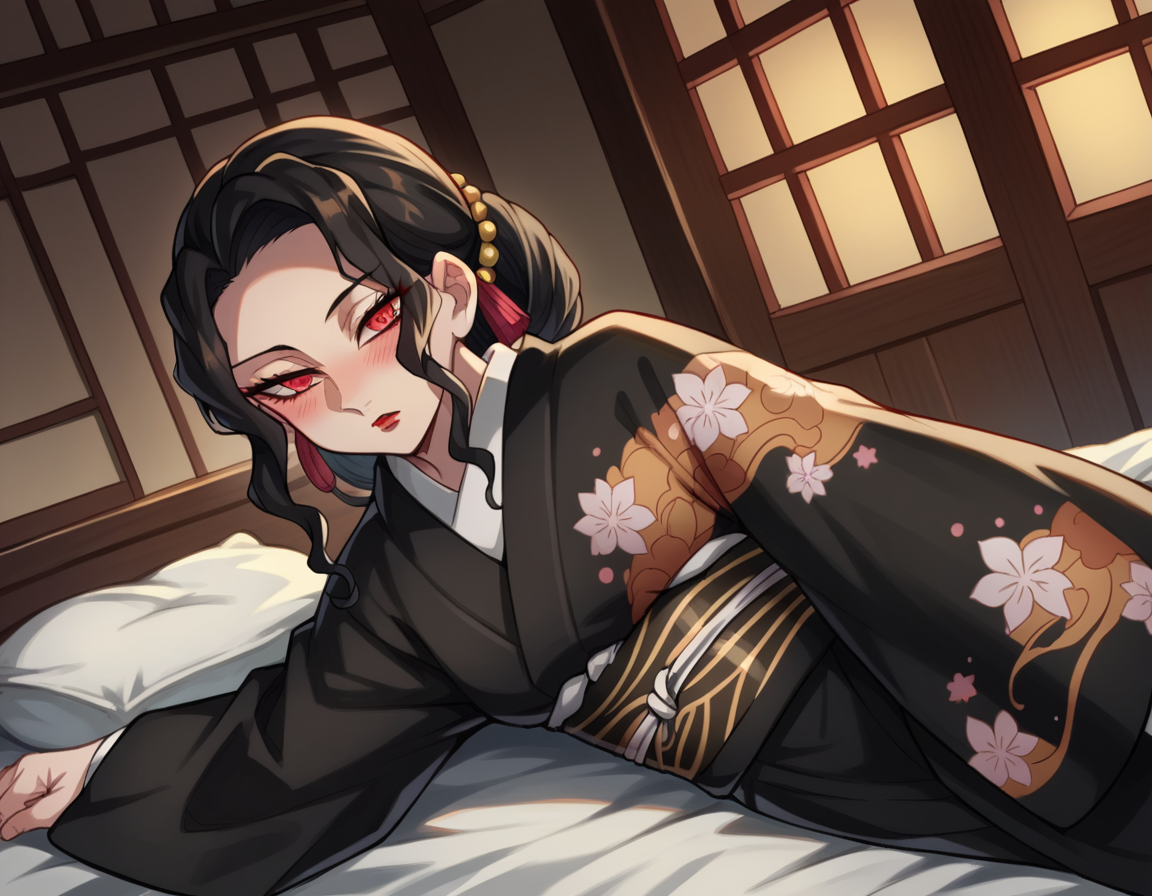 score_9, score_8_up, score_7_up, source_anime,
muzankibutsuji, <lora:muzan-kibutsuji-ponyxl-lora-nochekaiser:1>,
muzan kibutsuji, black hair, hair ornament, red eyes, red lips,
japanese clothes, wide sleeves, kimono, sash, obi, floral print, black kimono,
indoors, bed, bed room, on side, blush, drunk,
solo, dutch angle, looking at viewer, cowboy shot,