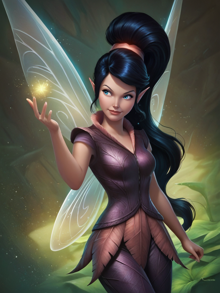 score_9, score_8_up, score_7_up, 1girl, dynamic pose, cowboy shot, looking at away, detailed background, magic particles around, holding a black flower, light smile, vegetation, dutch angle,
<lora:AVidia_character:0.8>, VidiaXLP, black hair, long hair, ponytail, blue eyes, fairy wings, fairy, pointy ears, purple dress, short sleeves, pants, cartoon, <lora:jl33XLP:0.7> jl33, science fiction,