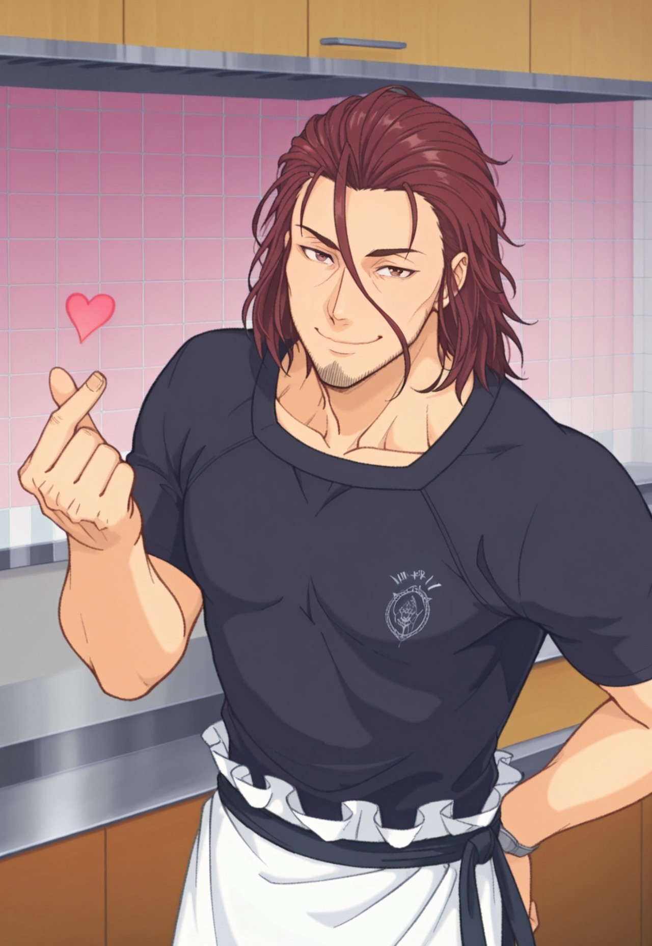 solo, masterpiece, detailed, ultra hd, best quality, 1boy, male, official art, w0lfc0nf, modern, new, masculine face, daddy looking face

FoodJoichiro, dark red hair, dark blue shirt, beard, stubble, waist apron, kitchen, headshot, finger heart, looking at viewer, smiling, pink hue, cute