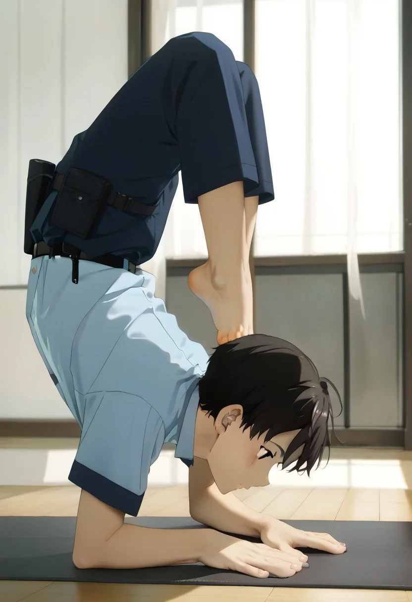 score_9, score_8_up, score_7_up, zPDXL2,
,
kazuhiko nukumizu, black hair, brown eyes, male Japanese Summer Police Uniform,light-blue collared shirt, rank slides,hip holster
gym
vrischikasana pose