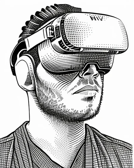 medium centred portrait of a person ((wearing) VR oculus headset) hedcut style <lora:GazHedcut:1>