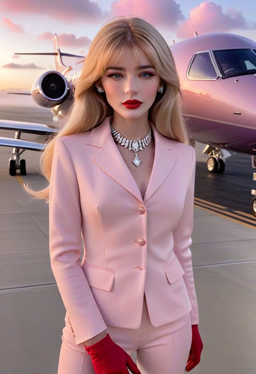 James Bond 007 style, foggy airport runway at dawn, award-winning film still of 4ng3l face egirlmakeup young skinny woman in front of luxury private jet, full body, colorful sexy outfit, skinny, high heels, long thin legs, freckled pale skin, blunt bangs, very long shiny blonde hair down front, glossy red lipstick, delicate feminine features, driving gloves, sparkling diamond necklace, blushing pink cheeks, purple pink orange fog clouds, epic, 8k, highly detailed, interesting and captivating