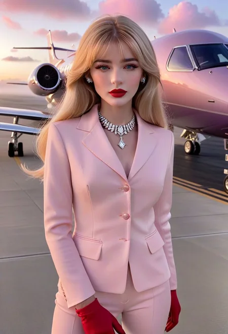 James Bond 007 style, foggy airport runway at dawn, award-winning film still of 4ng3l face egirlmakeup young skinny woman in front of luxury private jet, full body, colorful sexy outfit, skinny, high heels, long thin legs, freckled pale skin, blunt bangs, very long shiny blonde hair down front, glossy red lipstick, delicate feminine features, driving gloves, sparkling diamond necklace, blushing pink cheeks, purple pink orange fog clouds, epic, 8k, highly detailed, interesting and captivating