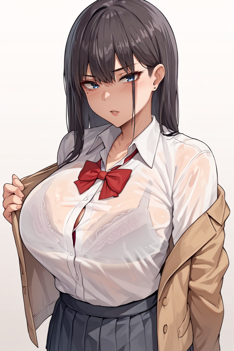 score_9, score_8_up, score_7_up, score_6_up, source_anime,1girl, breasts, solo, bra visible through clothes, black hair, blue eyes, underwear, skirt, school uniform, shirt, long hair, bow, earrings, white background, see-through, red bowtie, bra, large breasts, red bow, bowtie, simple background, jewelry, white shirt, jacket, looking at viewer, blush, bangs, collared shirt, parted lips, pleated skirt, mole, mole under eyes<lora:EMS-460705-EMS:1.000000>