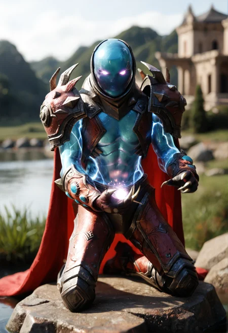 <lora:Arc_Warden_v1:1> arc_warden_v1,
1boy, no humans,
glowing,
claws,
armor, cape, helmet,gloves, shoulder armor, boots, gloves,, score_9, score_8_up, score_7_up, score_6_up, derpibooru_p_95,
detailed eyes, beautiful, detailed background, perfect eyes,
blur censor, blurry, blurry background, blurry foreground, bokeh, motion blur,
chromatic aberration, depth of field, figure, focused, focus
photography, realistic sun light and shadows, photorealism, UHD --ar 9:16 --style raw --stylize 700,
solo,
Awe-inspiring sight, summer, Ancient temples, Lakes, kneeling by the edge of a tranquil pond. seated on a rock,