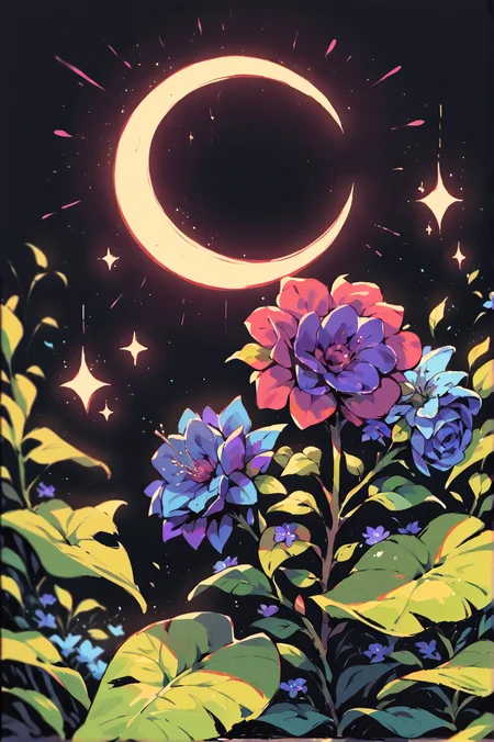 score_9,score_8_up,score_7_up,score_6_up,score_5_up,score_4_up,<lora:aesthetic_witchy:0.6>,witchyaesthetic,realistic,blurry background witchyset44, source_safe, ,<lora:chunie_ponyxl_v1e5:0.8>,chunie simple background,flower,no humans,sparkle,leaf,plant,black background,blue flower,purple flower,crescent moon,still life, <lora:Rainbow Style SDXL_LoRA_Pony Diffusion V6 XL:0.8>,vibrant colors,vivid colors,