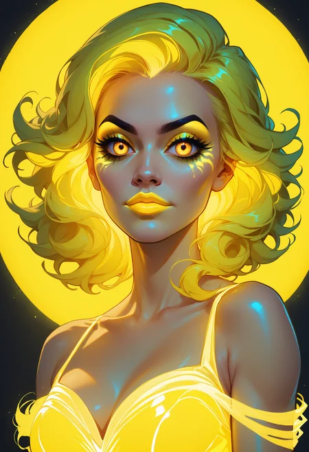 (score_9_up, score_8_up), score_7_up, upper body portrait, 1girl, glowing neon yellow dress, glowing neon yellow lipstick, glowing makeup, rating_safe, <lora:lukethighwalkerneonponyv4:0.4>
