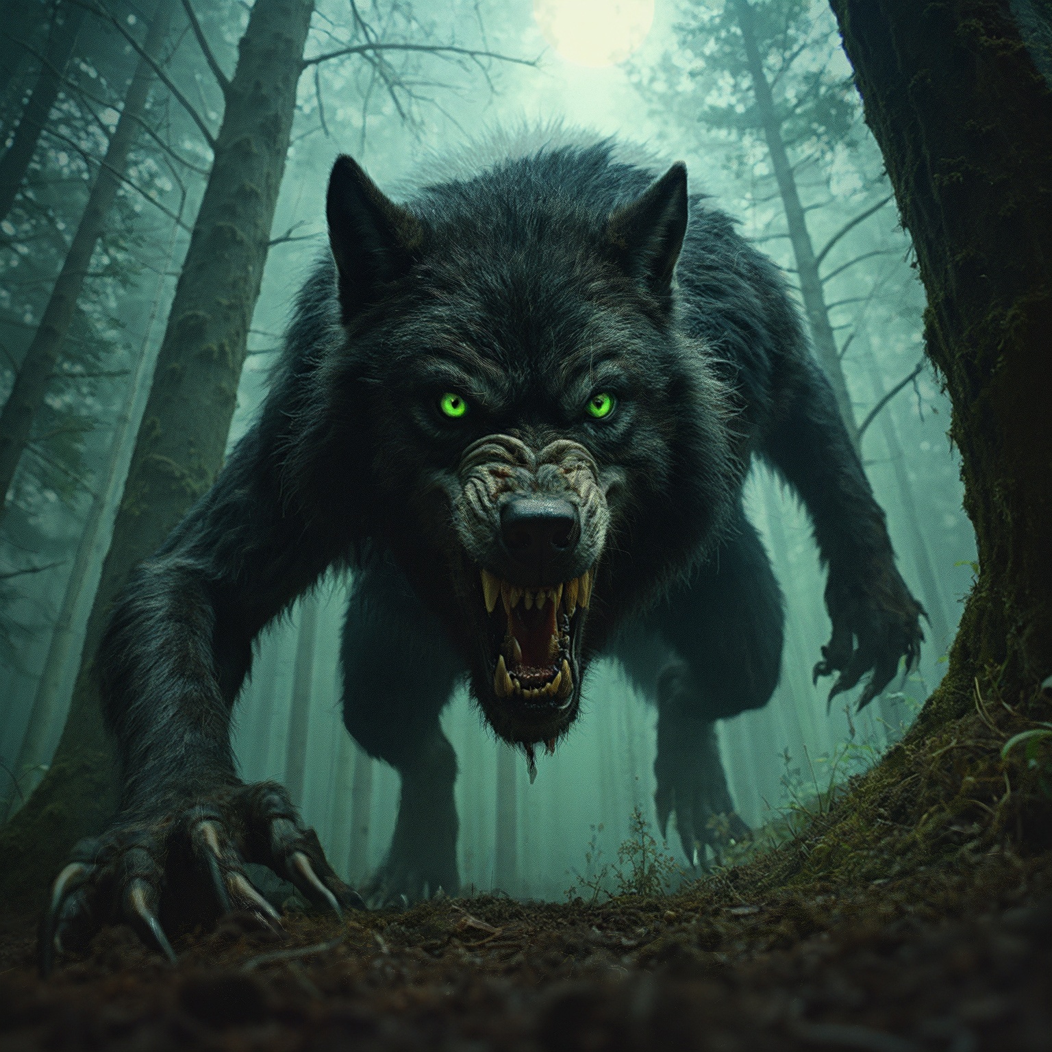 Cinematic movie horror film still , realistic, dark theme, low light, , pov, from below, (monster, ((werewolf))), feral, black fur, shaggy fur, bulky, drool, glowing green eyes, looking down at viewer, horror, crawling, hungry, perspective, terror, forest, trees, black background,
