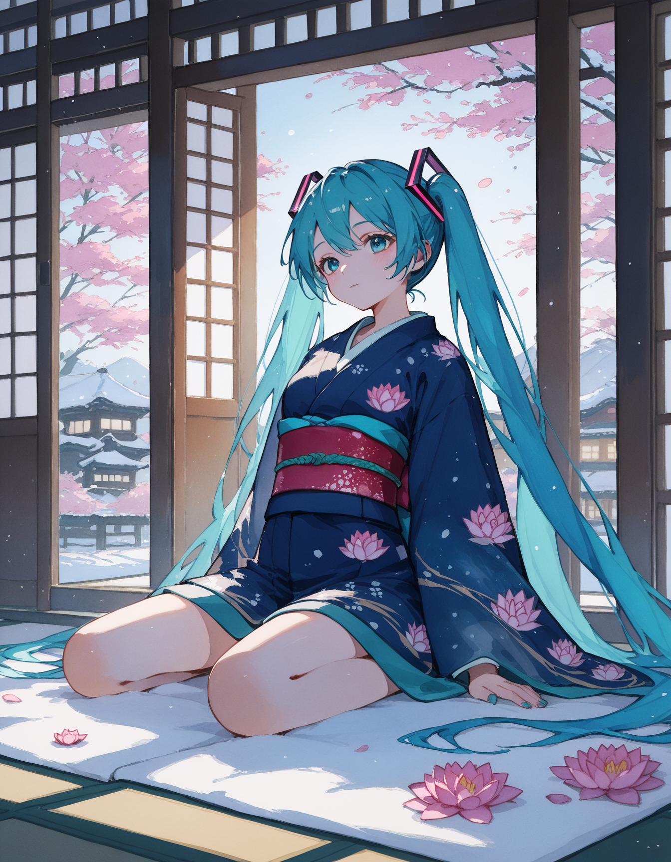 score_9,score_8_up,score_7_up,score_6_up,
hatsune miku,kimono,print_kimono,furisode,obi,sash,
1girl,solo,<lora:potg-000004:0.8>,potg,watercolor_(medium),in winter,Volumetric Lighting,sitting,lotus_position,harbor,