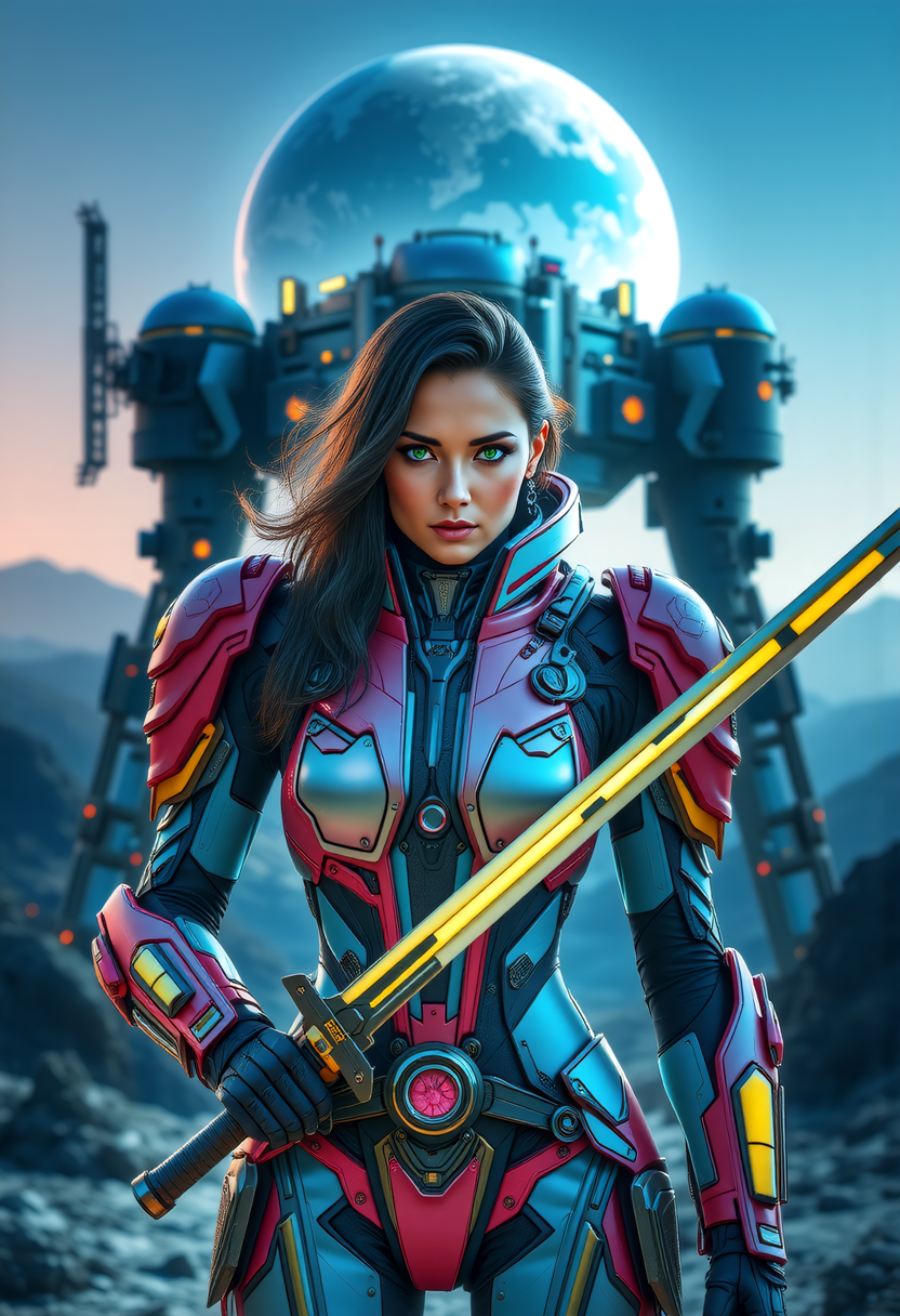 a futuristic lunar colony overlooking Earth, a fierce warrior stands ready for battle. Her medium build, dark hair, and green eyes exude a sense of determination. Dressed in a Synth-Leather satin pink and satin baby blue power armor Tactical Suit with satin yellow highlights, a futuristic bodysuit designed for urban operation. The connects to her cybernetic enhancements. Segmented carbon-fiber panels reinforce her shoulders, chest, and forearms, providing protection without compromising style. She wields a plasma longsword.  Behind her a heavy mech with MechArmor, stands tall, its bulkiness a testament to the strength and versatility of the colony. The colony's domes, shimmering above the Earth's glow, provide a breathtaking backdrop, while the grey lunar landscape and mining rigs add a sense of isolation. This scene, with its off-center composition and extreme close-up on Rina's facial details, captures the essence of a futuristic warrior, showing the fusion of technology and the mysteries of the lunar colony.     <lora:scifi/fluxPunk_v11:0.8> <lora:scifi/RM MechArmor v0.9M.safetensors:0.7>,  <lora:scifi/RM Robotify v0.7M.safetensors:0.7>,  <lora:art and styles/MysticFantasy.safetensors:1.0>,  <lora:flux/flux_realism_lora.safetensors:1.0>,