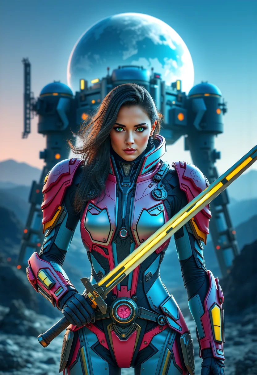 a futuristic lunar colony overlooking Earth, a fierce warrior stands ready for battle. Her medium build, dark hair, and green eyes exude a sense of determination. Dressed in a Synth-Leather satin pink and satin baby blue power armor Tactical Suit with satin yellow highlights, a futuristic bodysuit designed for urban operation. The connects to her cybernetic enhancements. Segmented carbon-fiber panels reinforce her shoulders, chest, and forearms, providing protection without compromising style. She wields a plasma longsword. Behind her a heavy mech with MechArmor, stands tall, its bulkiness a testament to the strength and versatility of the colony. The colony's domes, shimmering above the Earth's glow, provide a breathtaking backdrop, while the grey lunar landscape and mining rigs add a sense of isolation. This scene, with its off-center composition and extreme close-up on Rina's facial details, captures the essence of a futuristic warrior, showing the fusion of technology and the mysteries of the lunar colony. <lora:scifi/fluxPunk_v11:0.8> <lora:scifi/RM MechArmor v0.9M.safetensors:0.7>, <lora:scifi/RM Robotify v0.7M.safetensors:0.7>, <lora:art and styles/MysticFantasy.safetensors:1.0>, <lora:flux/flux_realism_lora.safetensors:1.0>,