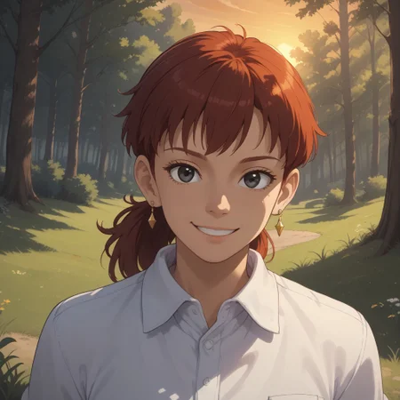 score_9, score_8, BREAK, solo, red hair, ponytail, black eyes, earrings, collared shirt, long sleeves, jeans, shoes, Fio_Piccolo_(Porco_Rosso), cute, sexy pose, self portrait, smile, outdoors, sunlight, shadows, evening lighting, natural lighting, forest, trees, grass, orange sky, sunset