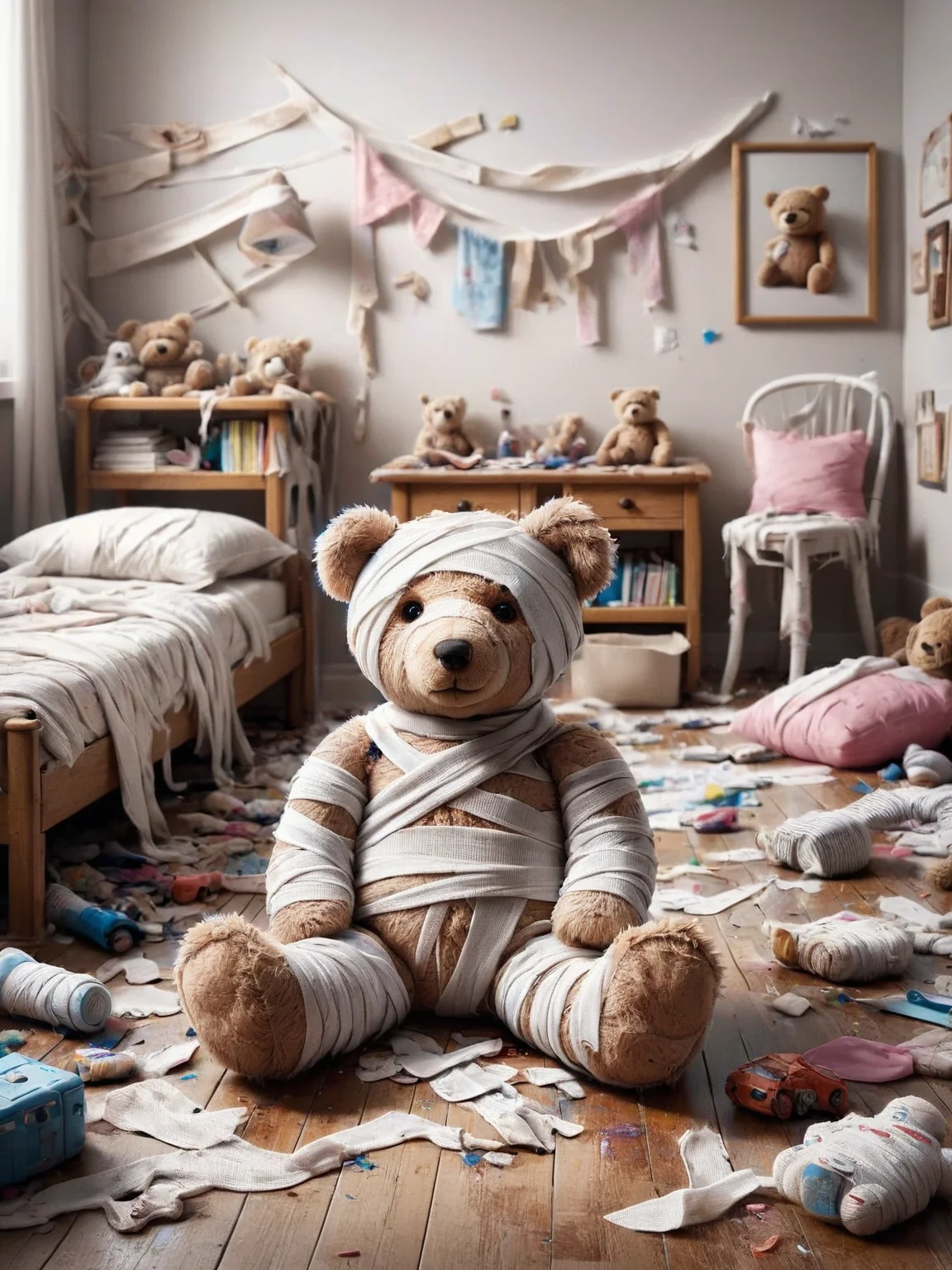 A child's messy bedroom with an ais-bndgs teddy bear on the floor <lora:ais-bndgs-sdxl:1>
