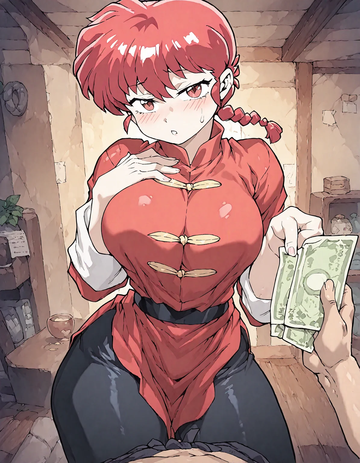 1girl ,ranma-chan ,mogudan,kcar66t:0.7,minew:0.7,Fishine, ranma saotome, braid, red hair, single braid, braided ponytail, red eyes,pants, chinese clothes, tangzhuang, NabikiTendoRXLv3, thick thigh, black stocking,
living room, 1boy , blush ,breast,holding, holding_money ,implied_prostitution ,indoors, large_breasts,looking_at_viewer ,money ,pov ,pov_hands ,psweat, teeth ,thighs , night,
detailed background, best quality, masterpiece
<lora:illustrious_noobai_epsilon_pred_1_best_quality_v1:0.7> ,<lora:illustrious_noobai_epsilon_pred_1_masterpieces_v1:0.7>, <lora:ponyv4_noob1_2_adamW:0.7>, <lora:add-detail-xl:0.6>, <lora:mogudan_xl5:0.8> <lora:ranma-saotome-alpha-ponyxl-lora-nochekaiser:1>
