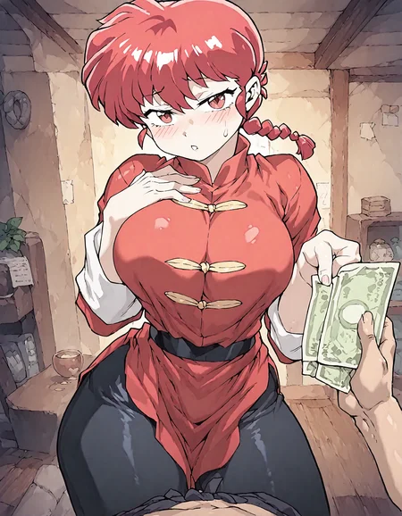 1girl ,ranma-chan ,mogudan,kcar66t:0.7,minew:0.7,Fishine, ranma saotome, braid, red hair, single braid, braided ponytail, red eyes,pants, chinese clothes, tangzhuang, NabikiTendoRXLv3, thick thigh, black stocking,
living room, 1boy , blush ,breast,holding, holding_money ,implied_prostitution ,indoors, large_breasts,looking_at_viewer ,money ,pov ,pov_hands ,psweat, teeth ,thighs , night,
detailed background, best quality, masterpiece
<lora:illustrious_noobai_epsilon_pred_1_best_quality_v1:0.7> ,<lora:illustrious_noobai_epsilon_pred_1_masterpieces_v1:0.7>, <lora:ponyv4_noob1_2_adamW:0.7>, <lora:add-detail-xl:0.6>, <lora:mogudan_xl5:0.8> <lora:ranma-saotome-alpha-ponyxl-lora-nochekaiser:1>