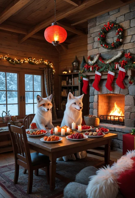 fluffy_new_year, merry_furistmas , a realistic and heartwarming scene featuring a family of white foxes preparing for the New Year celebration in a cozy and festive setting. The room is adorned with traditional decorations, including red lanterns, hanging ornaments, and a table filled with delicious dishes and treats.
The fox family, dressed in festive attire, works together joyfully: one fox is arranging flowers, another is placing food on the table, while playful fox cubs are chasing each other around the room. A glowing fireplace adds warmth to the atmosphere, and outside the window, snow gently falls, creating a magical winter backdrop. The scene captures a vibrant and cheerful New Year spirit.