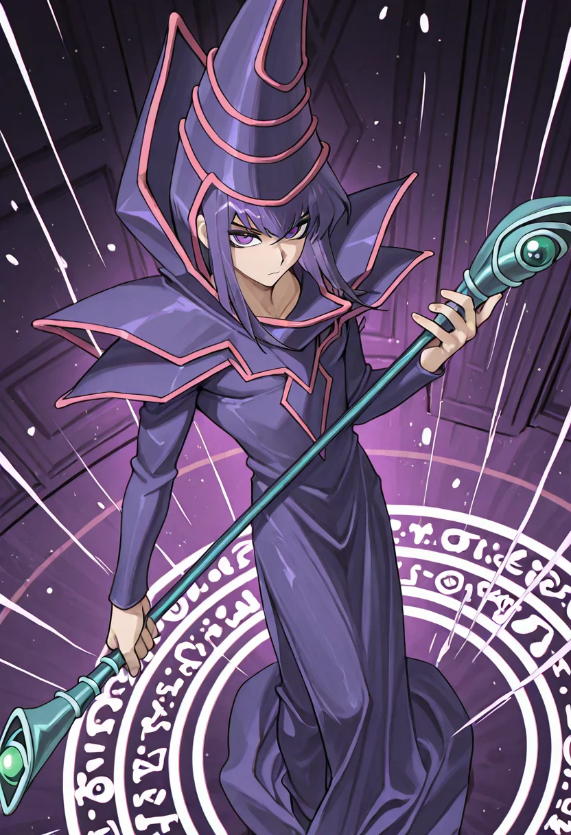 score_9,score_8_up,score_7_up,<lora:darkmagician_dataset_01_v11>,dkmgcn,1boy,holding a staff,academy background,purple hair,purple eyes,netural expression,magician robe,duel_monsters,high angle,<lora:agrimstyle_dataset01_v02-000006:0.7>,agm,