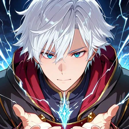 <lora:takeda_hiromitsu_style_illustrious_goofy:1>, <lora:noobai_vpred_1_masterpieces_v23:1>, <lora:Eyes_Lora_Pony_Perfect_eyes:1> , masterpiece, fantasy\(theme\), thick outlines, best quality, 1boy, handsome, 18-year-old, short messy hair, white hair, off-center sideswept fringe, left hairline parting, blue eyes, fantasy academy uniform, magic academy uniform, fantasy school, lightning magic