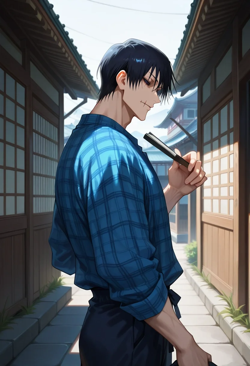 masterpiece, best quality, intricate details, , looking at viewer, 1boy, solo, male focus, <lora:touji_fushiguro_ilxl:0.98>, touji_fushiguro, black hair, black eyes, short hair, hair between eyes, bangs, colored sclera, black sclera, scar on mouth, profile, town, japanese architecture, dark, holding object, squinting, Running shorts, Gingham shirt, , Mohawk,