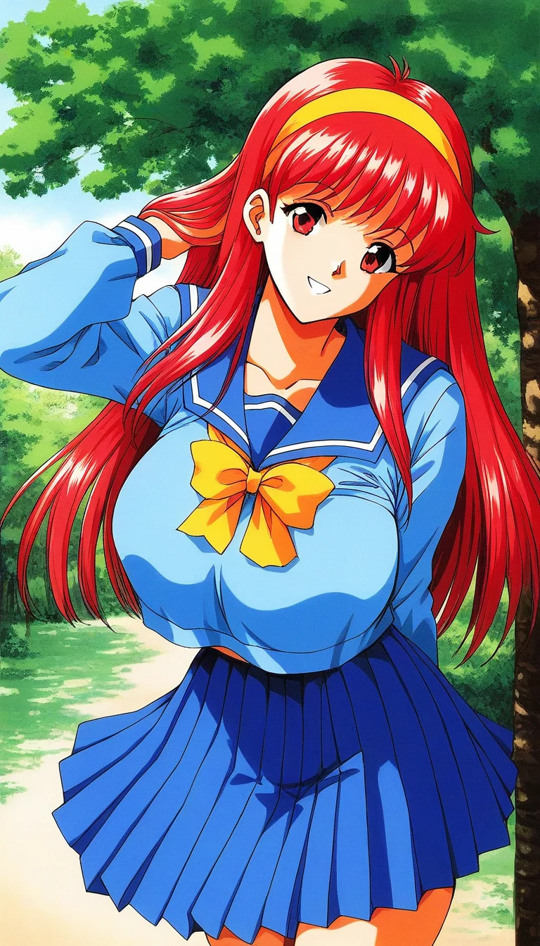 score_9, score_8_up, score_7_up, source_anime, rating_explicit, BREAK <lora:Fujisaki_Shiori_XL:1> FujisakiShiori, long hair, Yellow hairband, red hair, red eyes, large breasts,
1girl, solo, school uniform, skirt, blue serafuku, long sleeves, blue skirt, blue long sleeve,
yellow bow, pleated skirt, bow, blue sailor collar,
outdoor, sky, tree, smile, 1990s \(style\)
face up,