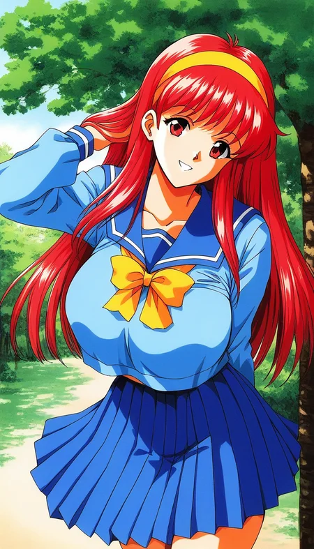 score_9, score_8_up, score_7_up, source_anime, rating_explicit, BREAK <lora:Fujisaki_Shiori_XL:1> FujisakiShiori, long hair, Yellow hairband, red hair, red eyes, large breasts,
1girl, solo, school uniform, skirt, blue serafuku, long sleeves, blue skirt, blue long sleeve,
yellow bow, pleated skirt, bow, blue sailor collar,
outdoor, sky, tree, smile, 1990s \(style\)
face up,