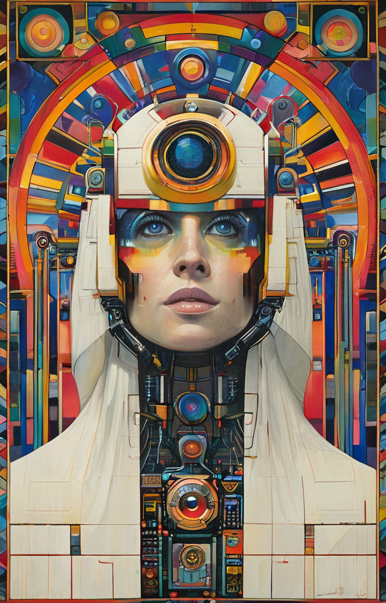 masterpiece,best quality,<lora:tbh147-sdxl:1>,illustration,style of Paul Laffoley portrait of robot