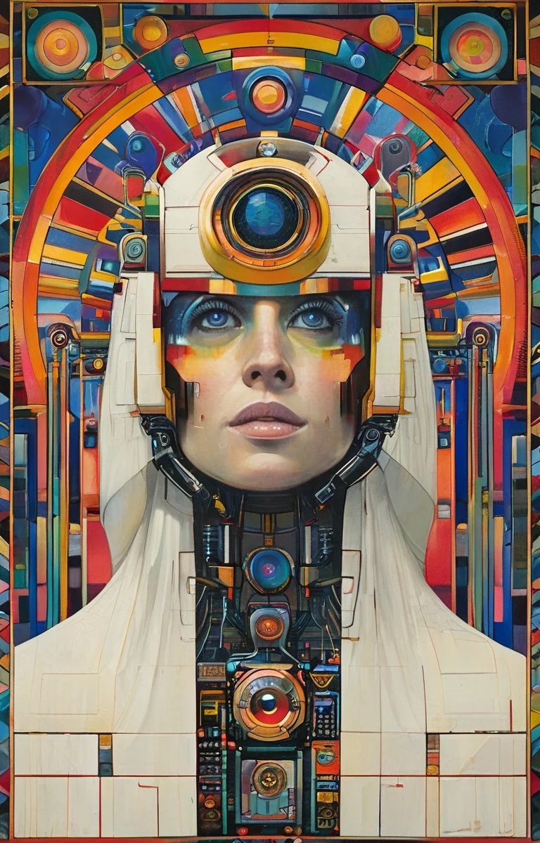 masterpiece,best quality,<lora:tbh147-sdxl:1>,illustration,style of Paul Laffoley portrait of robot