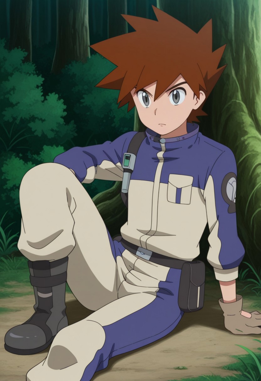 masterpiece,best quality,amazing quality, source_anime, 
shige_jou, 1boy, male focus, solo, grey eyes, brown hair, spiked hair, jumpsuit, purple and brown jumpsuit, outdoor, nature, sitting, on ground, knee up, boots,