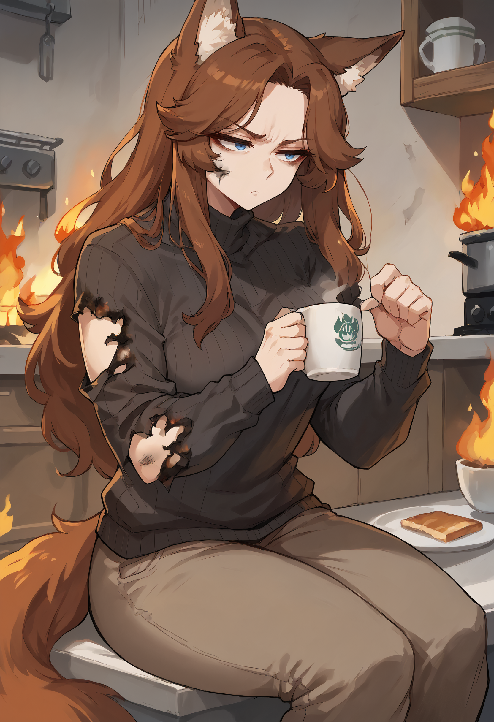 score_9, score_8_up, score_7_up, 1girl, fox girl, tail, long hair, brown hair, blue eyes, holding mug, drinking coffee, kitchen, sitting, expressionless, tired, sweater, burnt clothes, burnt-clothes, burnt, torn clothes, dirty, dirty face, (fire:1.2), across table, indoors, burning indoors, burning building, annoyed, pants, toast
 <lora:Burned Clothes (pony) v1:1>