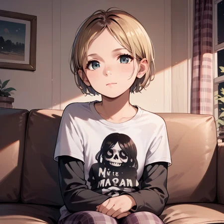 anime coloring, score_9, score_8_up, score_7_up, score_6_up, Sarah-Miller, TLOU, 1girl, solo, looking at viewer, short hair, shirt, blonde hair, plaid pants, sitting, couch, living room, dark, horror, upper body