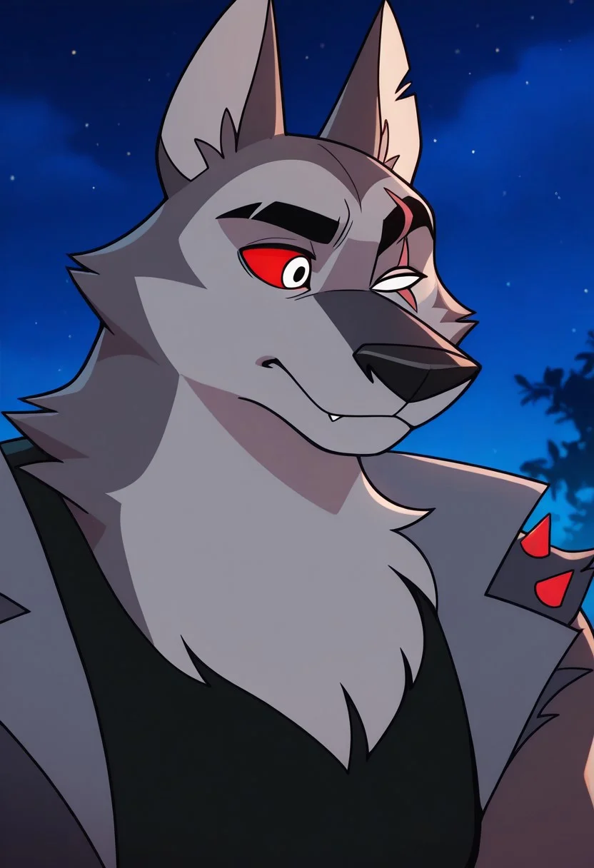 MASTERPIECE, AMAZING QUALITY, 1BOY, TEX, PORTRAIT, FURRY, SINGLE WHITE EYE, SILVER EYE, RED SCLERA, EYE SCAR, GREY FUR, SPIKED VEST, SHIRT, NIGHT