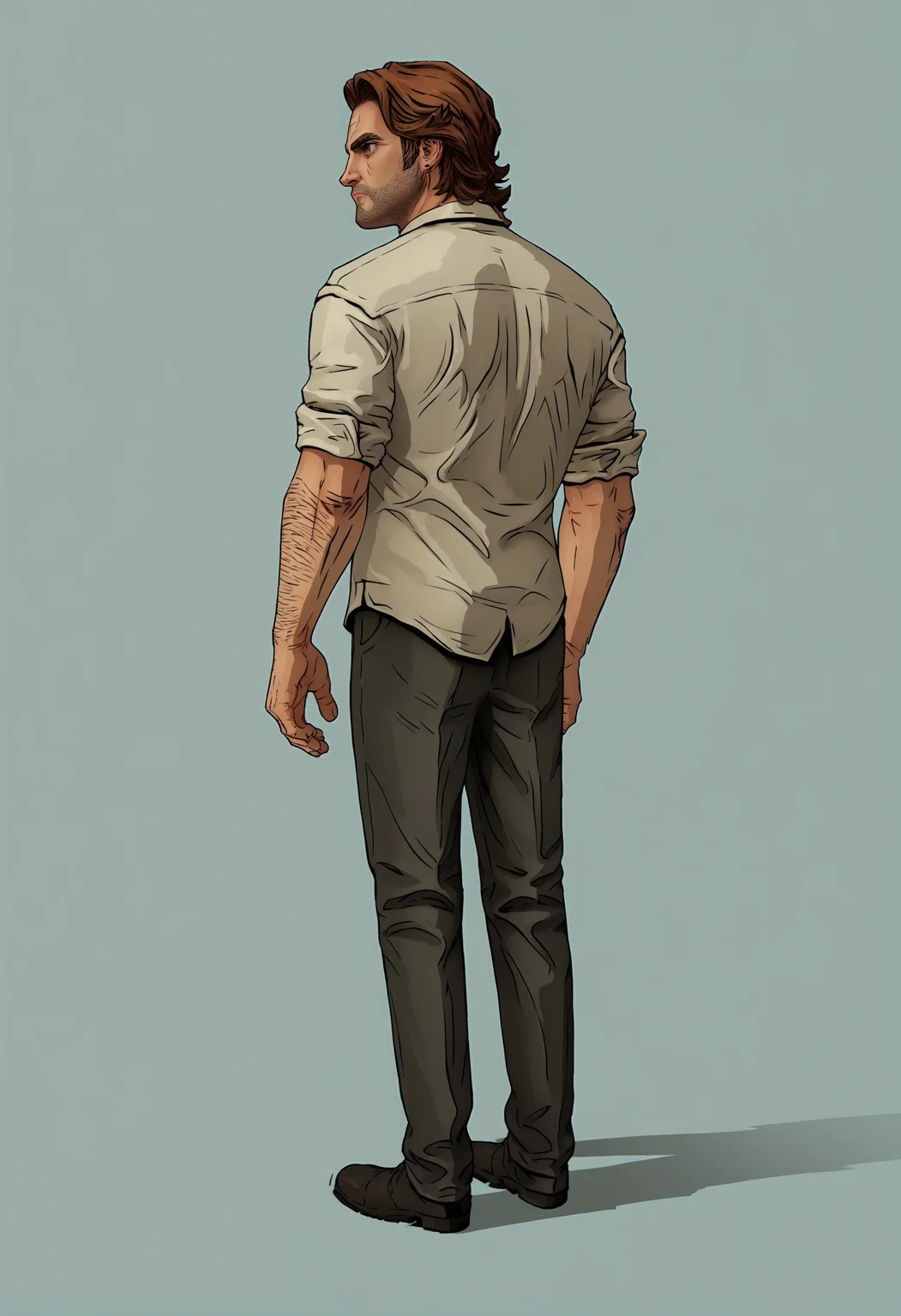 score_9, score_8_up, score_7_up, score_6_up, score_5_up, score_4_up, 1boy, <lora:BigbyWolf:0.85> solo, brown hair, facial hair, brown eyes, stubble, shirt, pants, black necktie, collared shirt, arm hair, full body, standing, from behind, looking back,
(light blue background), simple background,
