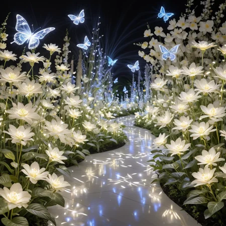 masterpiece, best quality, <lora:add-detail-xl:1> <lora:ArsMorph_-_World_of_Light_-_SDXL:1> arsworldoflight A light garden in full bloom, flowers formed from delicate swirls and eddies of colored illumination. Butterflies of pure white light flit between the glowing blossoms.